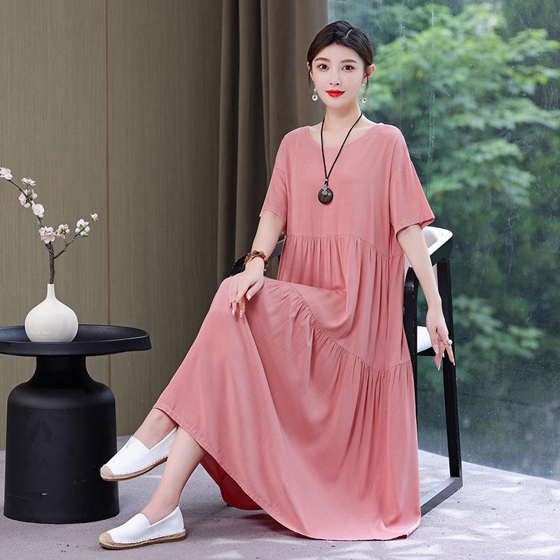 Women's 2022 Summer Solid Cotton Linen Dress - Slimming, Belly-Covering, Plus Size Long Dress