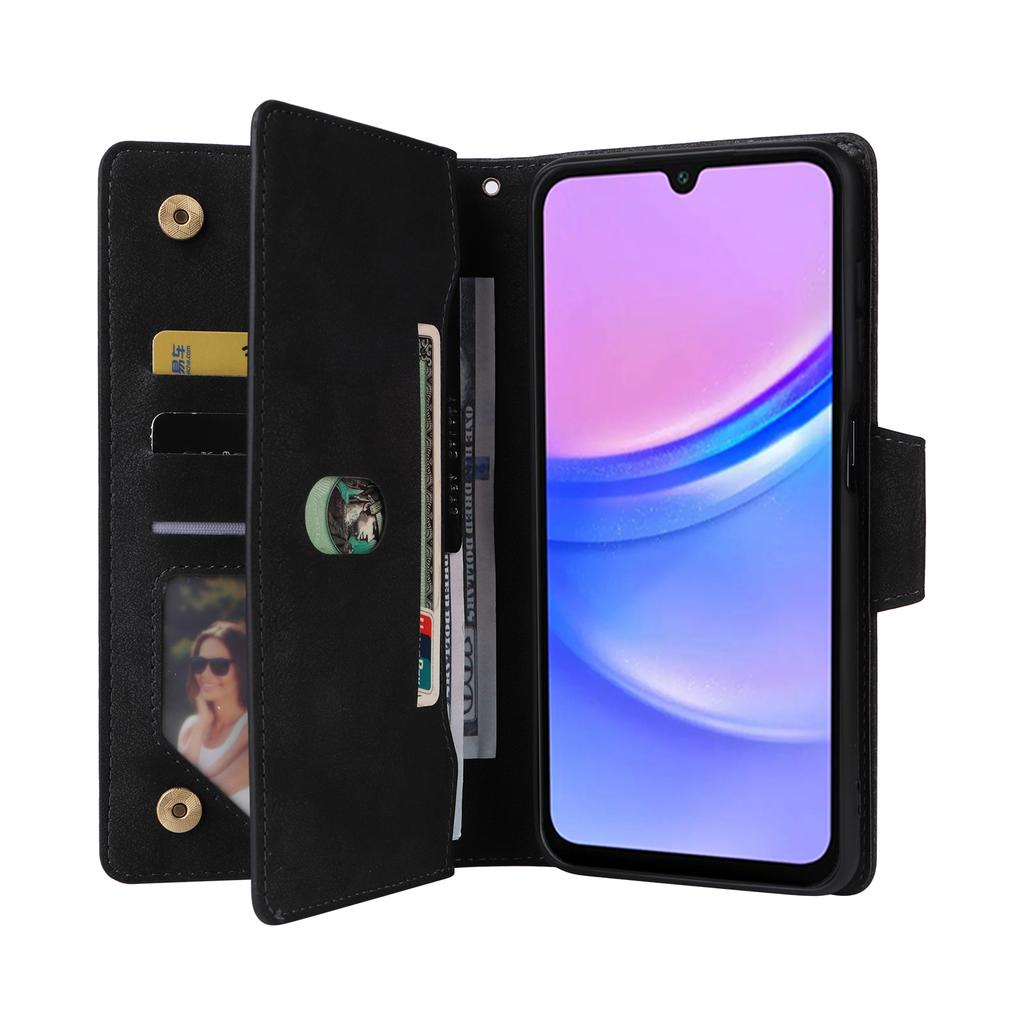 For Samsung Galaxy A17 5G/A17 4G/A26 5G Case Zipper Wallet Rivet Decor Leather Phone Cover with Wrist Strap