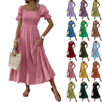 Vestido Largo Maxi de Mujer con Cuello Cuadrado, Mangas Abullonadas, Cuerpo Fruncido, Falda de Volantes y Bolsillos para Uso Casual