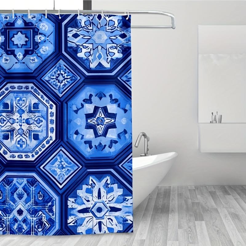 Geometric Blue Ethnic Shower Curtain - Hexagonal Elements on Light Deep Blue, Durable Polyester,Easy Clean for Bathroom Decor