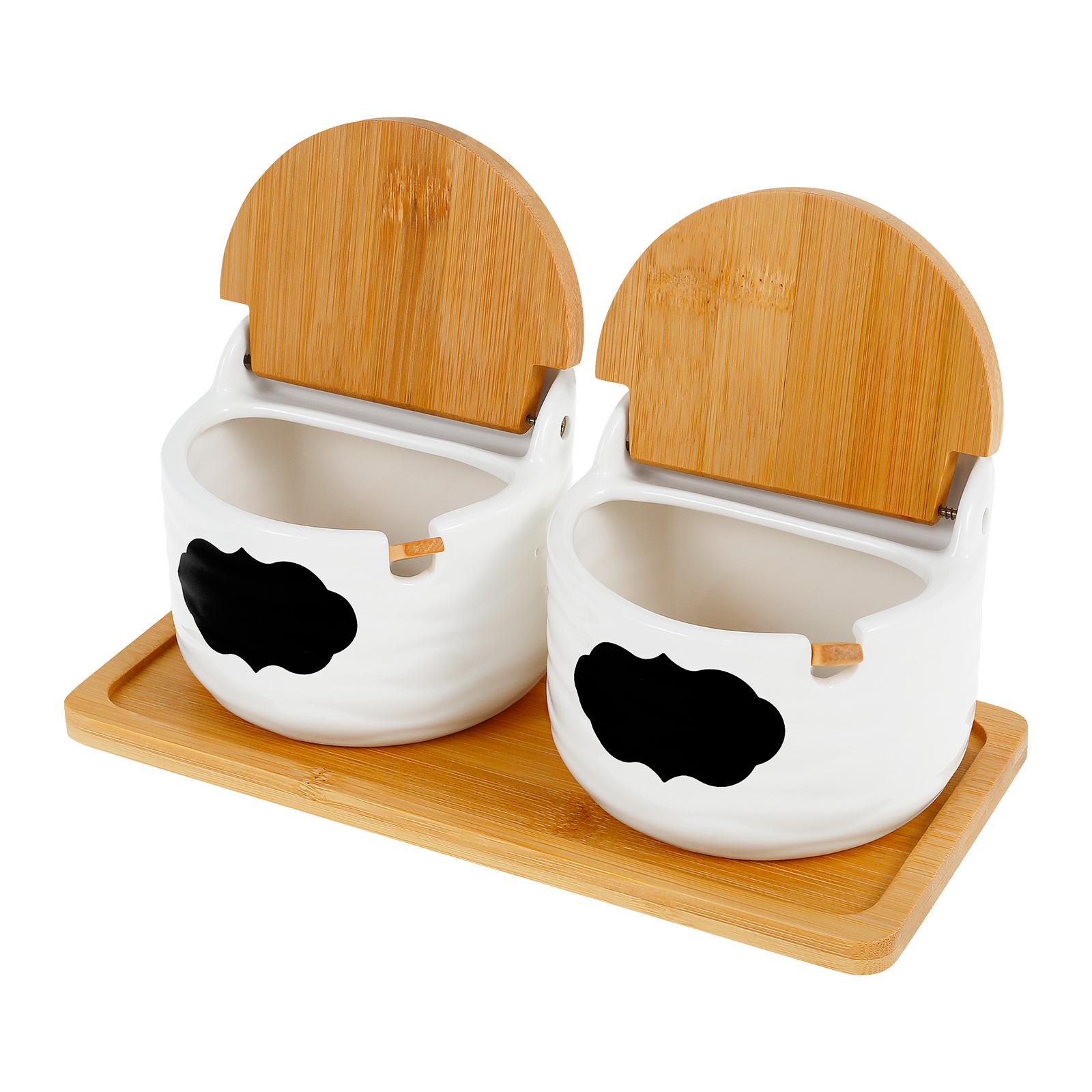 

2 шт. керамическая банка для приправ бамбуковая крышка банка для специй с ложкой и сервировочным подносом кухонная коробка для хранения сахара, соли, специй бутылка для сахара белый