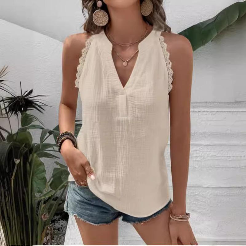 Fashion New Solid V-neck Loose Casual Shirts Women Sleeveless Lace Splicing White Blouses for Women Summer Clothing Vintage Slim Fit Shirt Tops 26642