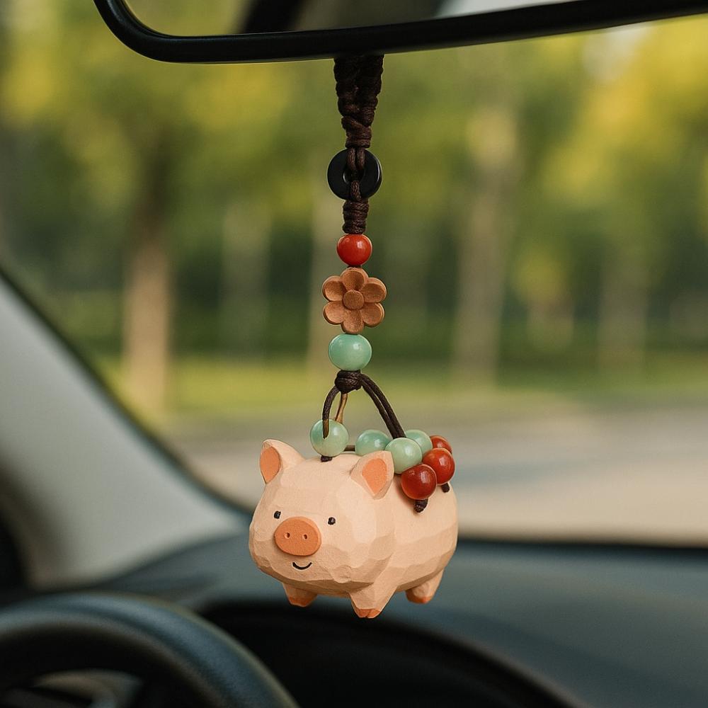 Flower Wooden Pig Keychain Beads Car Keyring Cartoon Carved Pig Dolls Pendant  Students