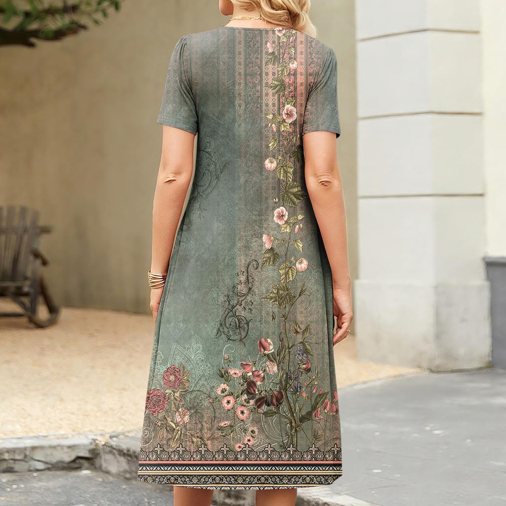 Damenkleid mit Blumenmuster, lässig und modisch, kurzärmelig, Rundhalsausschnitt