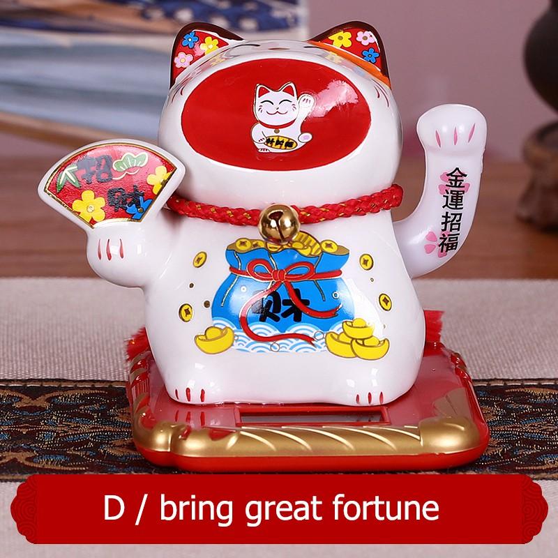 Ceramic Lucky Cat Ornament Maneki Neko Beckoning Fortune Cat Home Car Decoration Gift Wealth Waving Arm Cat Solar Powered