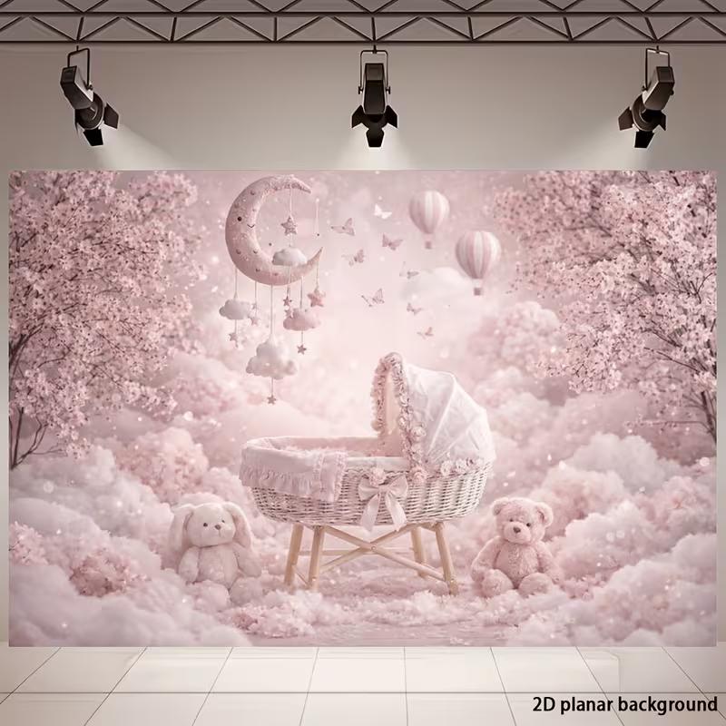 2D Beige Teddy Bear Moon Backdrop with Stars & Clouds Baby Shower Photography Background