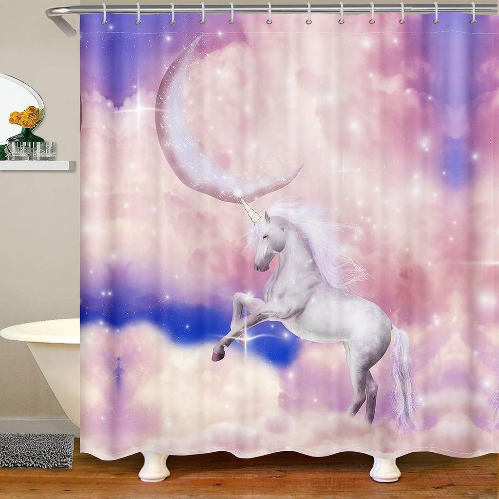 Gradient Purple Shower Curtain, Rainbow Unicorn Bath  Glitter Stars, Waterproof Curtains, Dreaming Cartoon Bathroom Deco