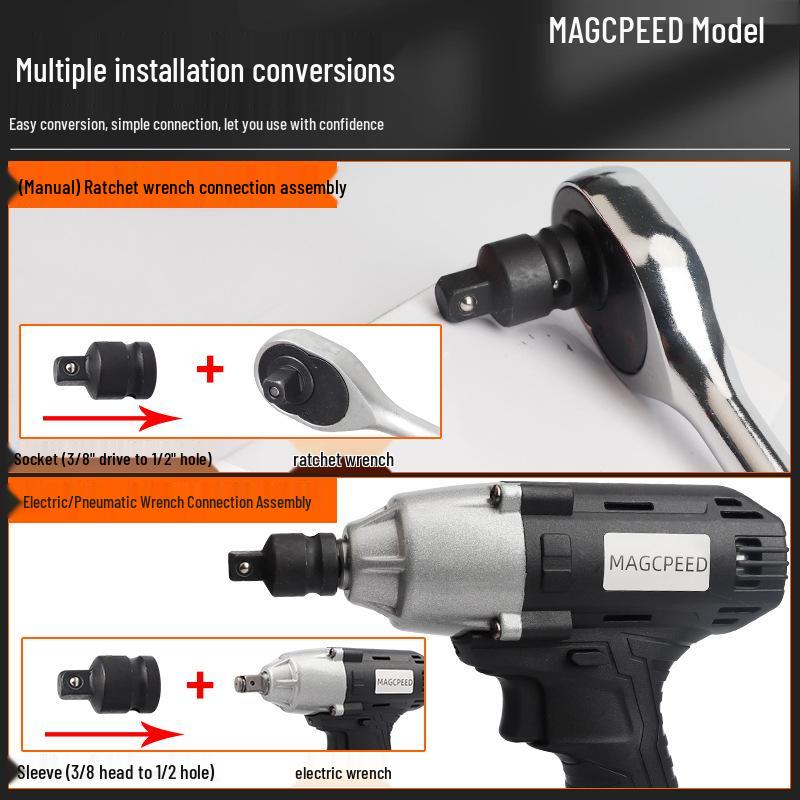 Austauschbarer pneumatischer Schlagschrauber mit Steckkopf und Reduzieradapter, passend für Größen 1/4, 3/8, 1/2 (Klein, Mittel, Groß).