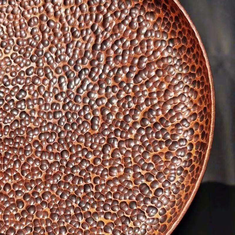 Round Shape Red Copper Cheese Tray,Retro Engraving Hammer Texture Home Portable Food Plate,Snack Fruit Disc Table Decorationk