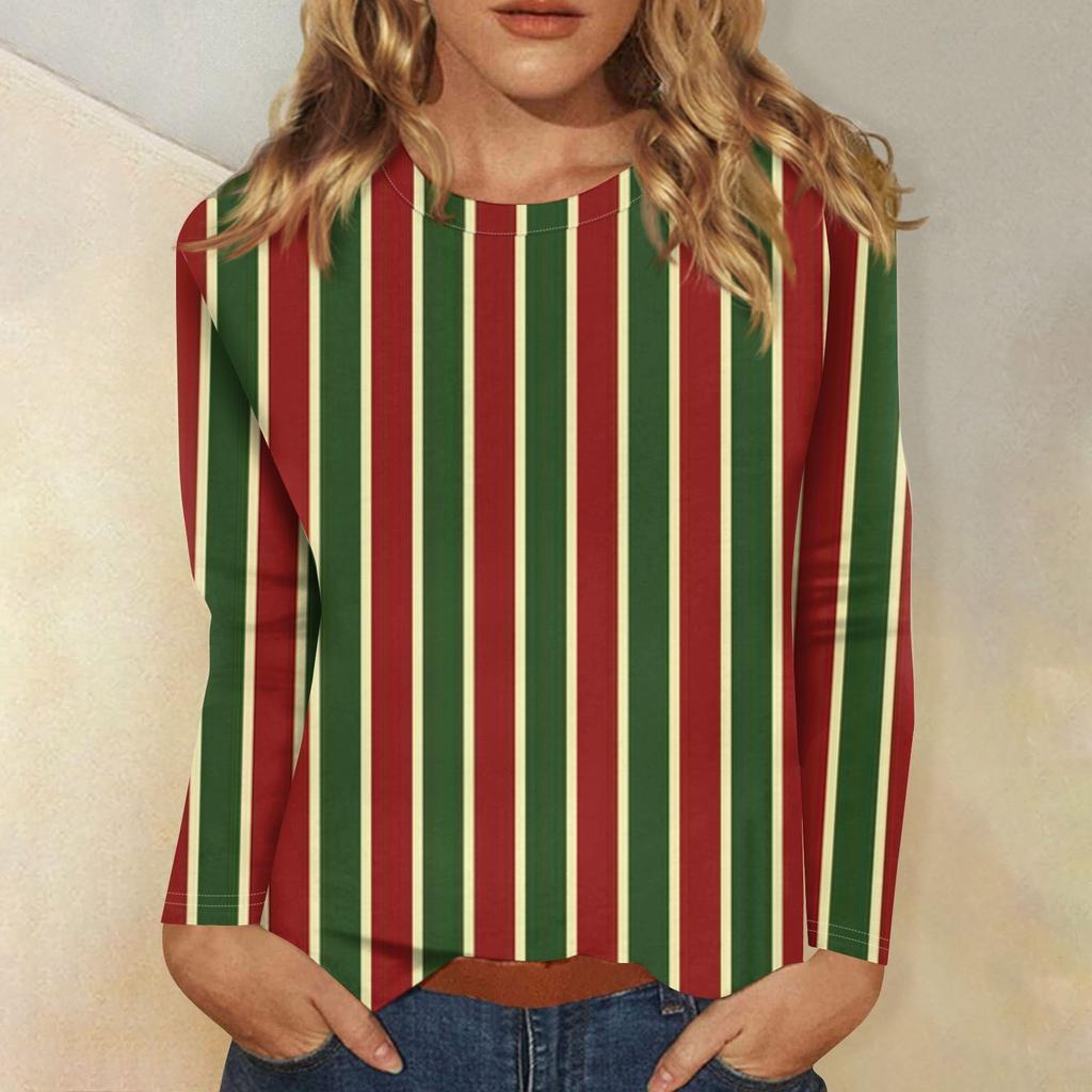 Women's Fashion Casual Christmas Print Round Neck Long Sleeve Decorative T-Shirt Top