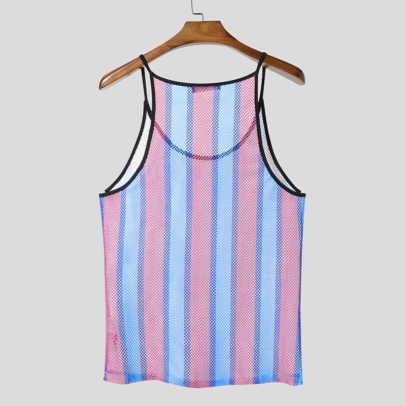 INCERUN Summer Men U Neck Sleeveless Striped Hollow Stitching Tank Tops