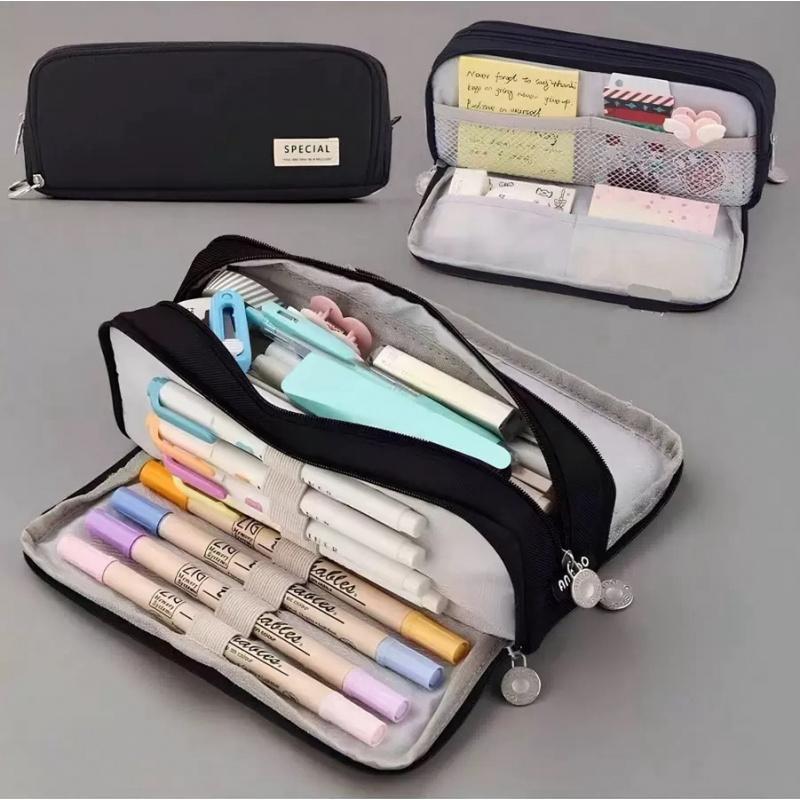 Double Open Student Pencil Bag Dirt Resistant Solid Color Large Capacity Multi Function Storage Bag Simple Travel Bag For Girl