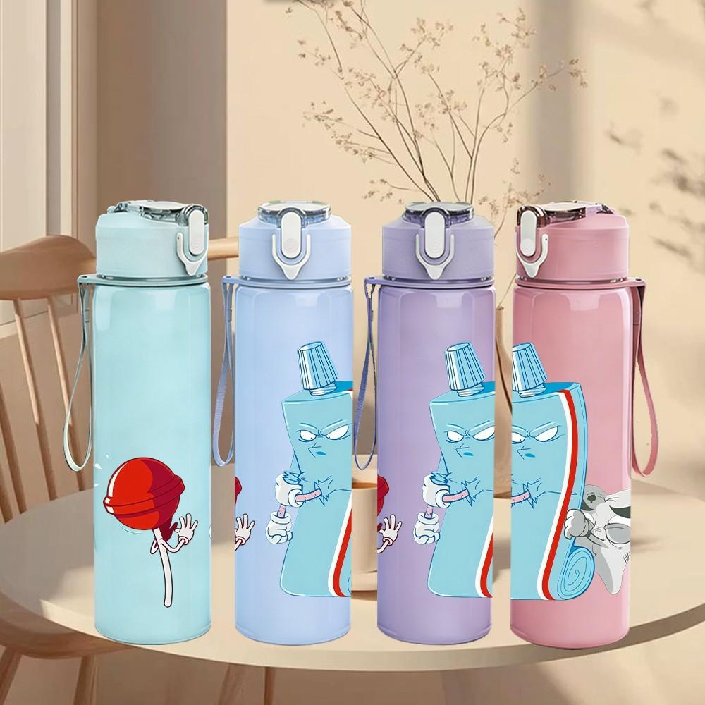 1PC Soda Drink Bottle Summer Cartoon Print 750ml Color Plastic Sports Water Bottle Leakproof Flip Straw Lid Suitable for Sports Office Home Use