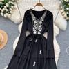 Vintage Western Style Embroidered V-neck Strap Up Waist Long Sleeve Dress for Women French Elegant Grand Swing Long Dress