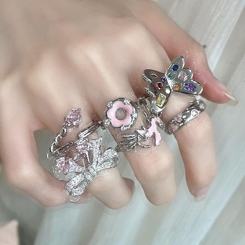 Butterfly Donut Bow Pink Open Ring Personalized Light Luxury Niche Design Cold Wind Index Finger Ring