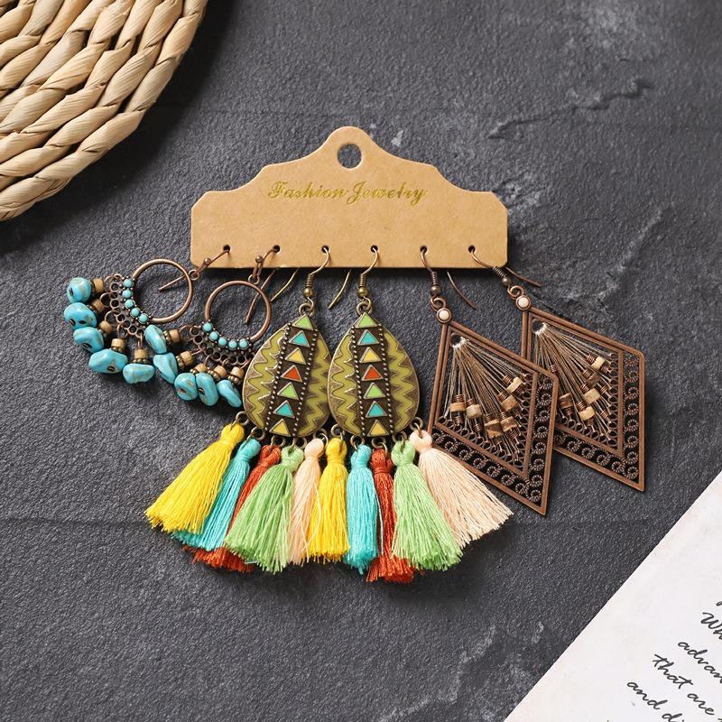 Long fringed earrings Bohemian wasteland exotic wind earrings retro vacation style suit earrings women