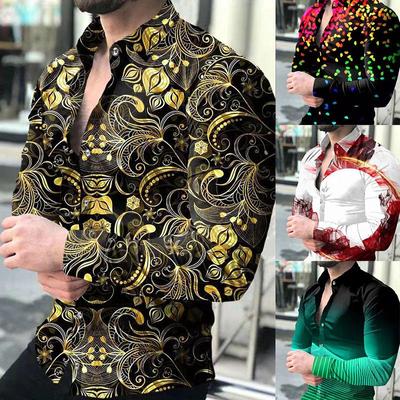 Europe and the United States New Spring Men's Long-sleeved Shirt Plus Size Shirt Gradient Slim Geometric Print Casual Shirt