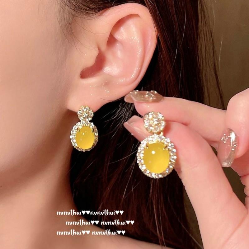 Vintage-Style Yellow Chalcedony Flower Charm Bracelet Earrings Set 18K Gold Plated Handmade Jewelry Women