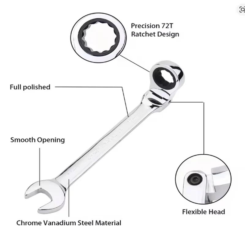 Flexible Head Ratchet Wrench Set, Metric, Chrome Vanadium Steel Combination Wrench Wrench Set Hardware Hand Tools Amagi