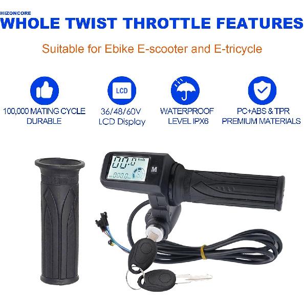 Full Twist Throttle, 8 Pin EBike Throttle 36V/48/60V Universal with 3 Speed Adjustment, LCD Speed Display, Key Switch, Electric Scooter Twist Grip