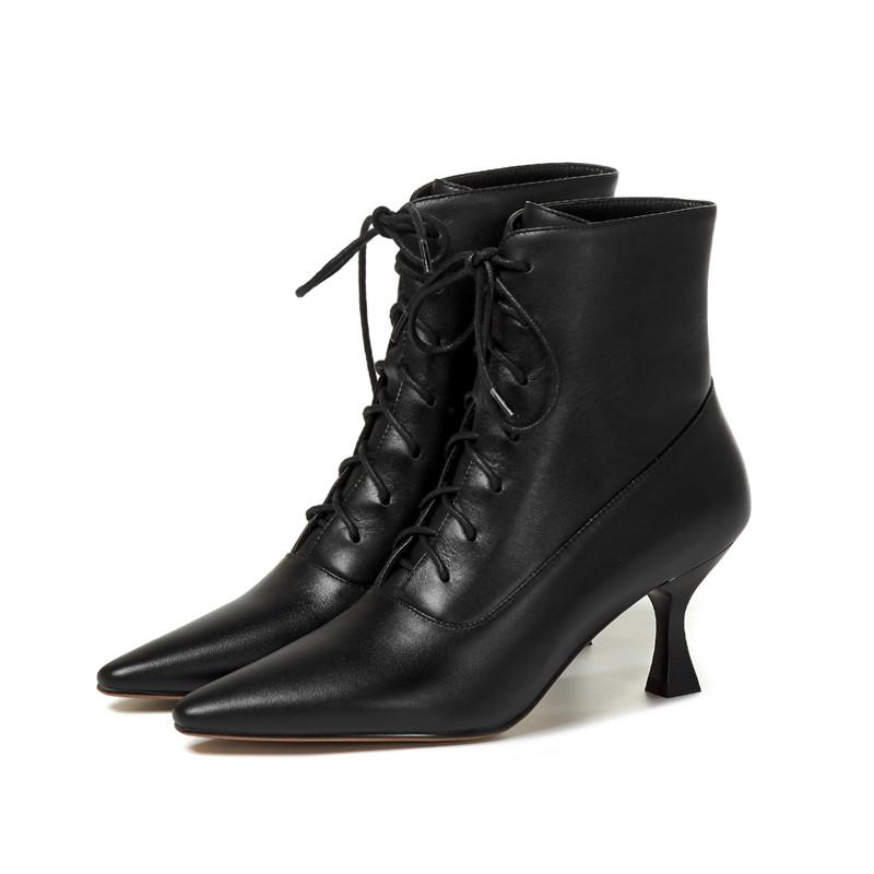 

Fashion Hot Genuine Leather Women Boots Fashion Lace-up Ankle Boots Pointed Toe Thin Heels Modern Boots Handmade Women Shoes Cross-tied 34 чёрный