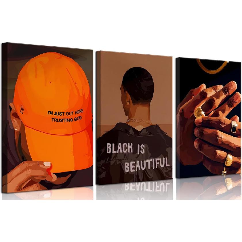 Black Men Canvas Wall Art Set of 3 Fashion African American Black Man Posters Prints Black Art Wall Decor Pictures for Living Room Bedroom