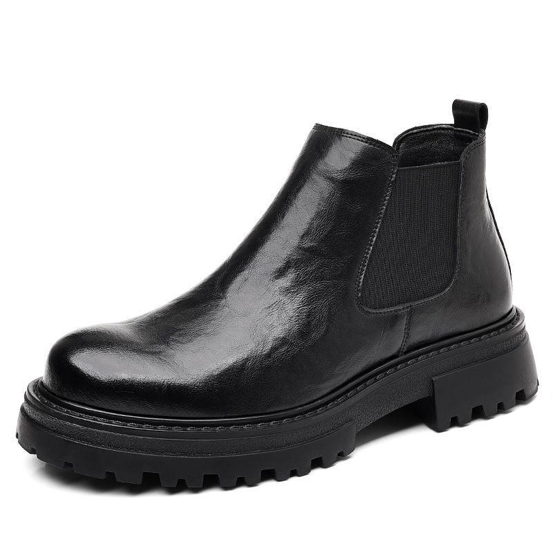 2025 Men's British Style Black Low-Top Chelsea Boots: Fleece-Lined, Hand-Grained, Mid-Calf Thickness