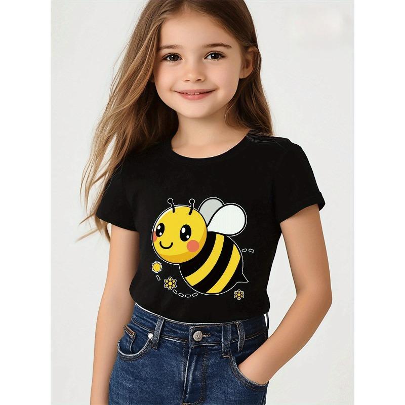 European Sizes Girls' Smiling Bee And Flower Pattern T-Shirt - Soft And Breathable Short Sleeve Round Neck Casual Top
