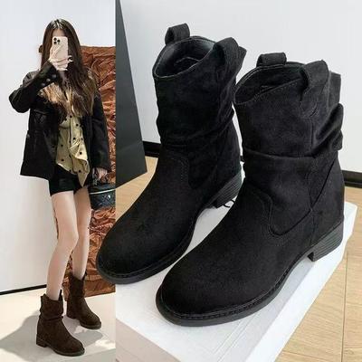 Stivali da impilare con punta rotonda retrò autunnali nuovi stivali medi stivaletti stile ins stivali con tacco alto stivali da cowboy western da cavaliere