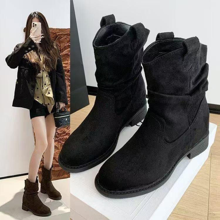 Retro Round Head Stacking Boots Autumn New Medium Boots Short Boots Ins Wind High Heel Western Cowboy Knight Boots