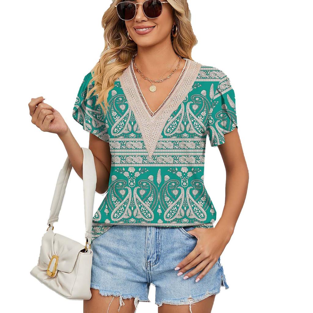Women's V-Neck Printed T-Shirt Petal Sleeve Loose Top T-Shirt