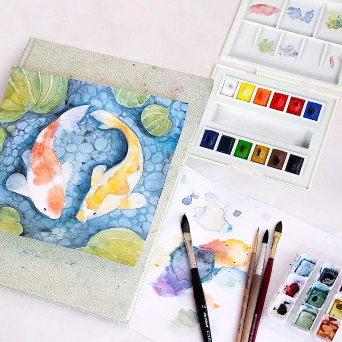 Feines Aquarell - Sennelier - Kleines Aquarell - 12 halbe Näpfchen - Hergestellt in Frankreich - Gemischt