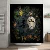 Halloween-themed shower curtain featuring a witch flying through the air with bats and pumpkins perfect for spooky decor Black