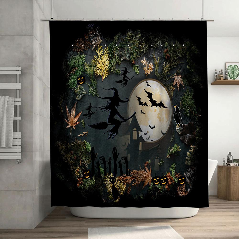 Halloween-themed shower curtain featuring a witch flying through the air with bats and pumpkins perfect for spooky decor Black