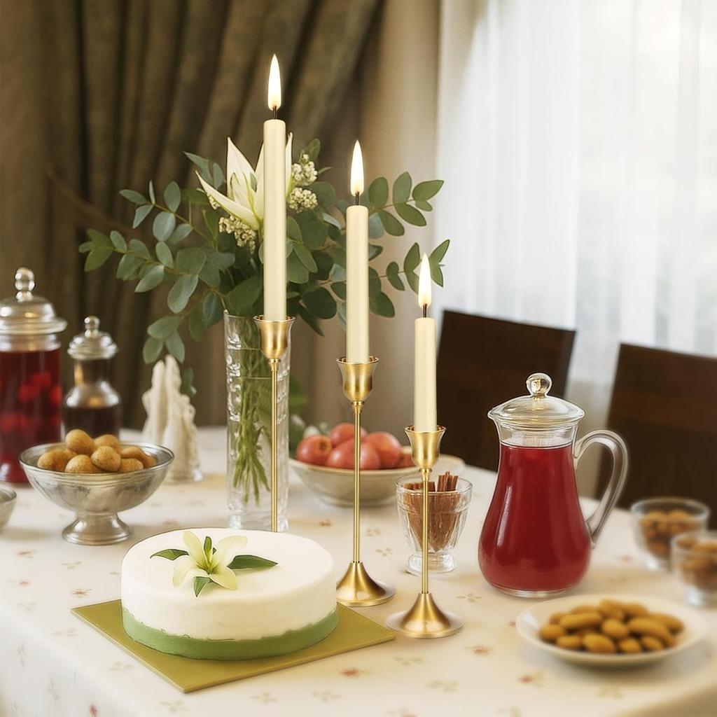 Taper Candle Stick Holder-3PCS Brass Gold Pillar Tall Candlestick Holders Metal Vintage Decor Dinner Table Dining Room Centerpieces Decorations
