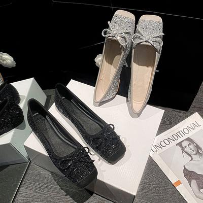Fashion Bling Bling Ladies Bowtie Flats Shoes Square Toe Leather Patchwork Ballerina Shoes Woman Silver Glitter Slip On Loafers 2025
