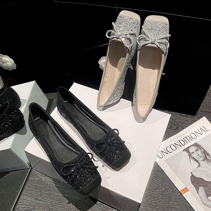 Módní Elegantní Dámské Třpytivé Flitrové Baleríny Jaro Žena Mašle Baletky Bling Zlaté/Stříbrné Kancelářské Šaty Mokasíny Naboso