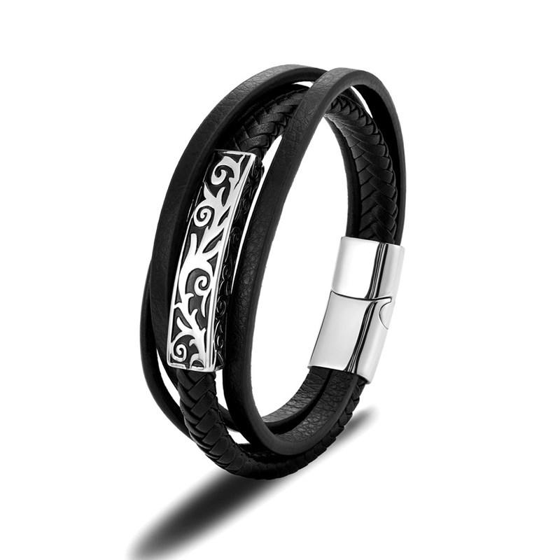 Viking compass Norse Runes Amulet Double-Layer Stainless Steel Men's Leather Bracelet Norse Mythology Jewelry