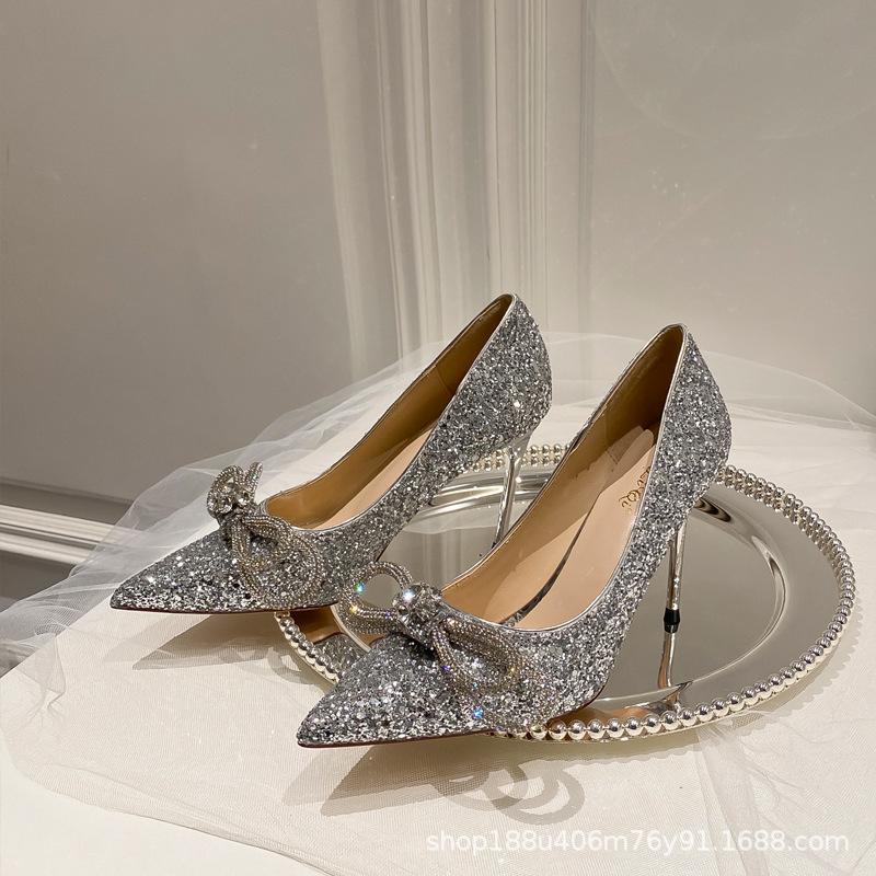 Silver high heels women's 2025 new design sense niche rhinestone thin heel pointed sequin crystal bridal wedding shoes