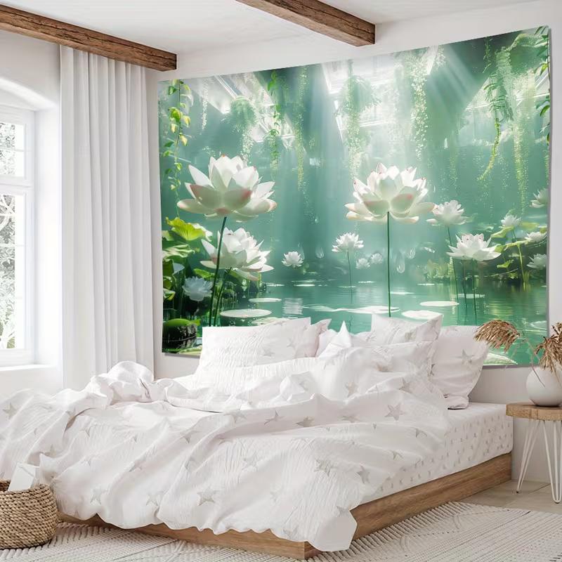 2D Ethereal Green Lotus Pond Tapestry Fantasy Nature Water Lily Art Wall Decor Cloth for Home & Bedroom