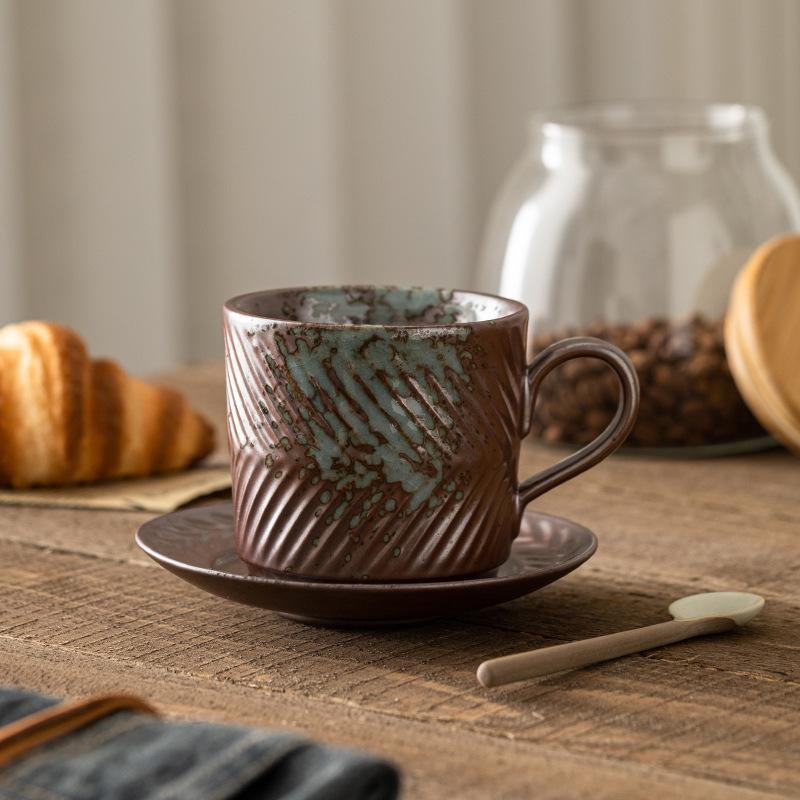 Japanese creative coarse pottery coffee cup saucer retro coffee cup ++ glaze relief red tea cup water cup breakfast cup
