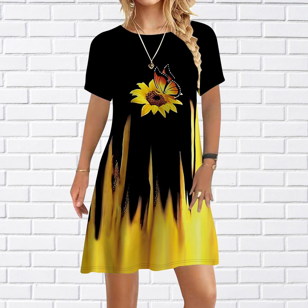 Lässiges Kleid für Damen, Sommer, schöne Kleider mit Sonnenblumen-Print für Damen, O-Ausschnitt, kurzärmelig, Übergröße