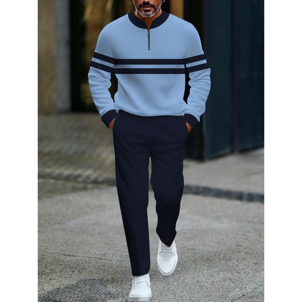 Spring Autumn 3D Printed Fashion Men's Long-Sleeved Sets Half-Zipper Stand-Up Collar Men's Casual Sportswear Two-Piece Set