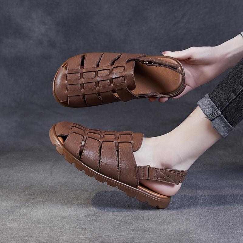2CM Weave Cow Genuine Leather New Women Summer Hook Loafer Sandals Platform Wedge Comfy Shoes Elthnic Hoollow Retro Flats Rubber