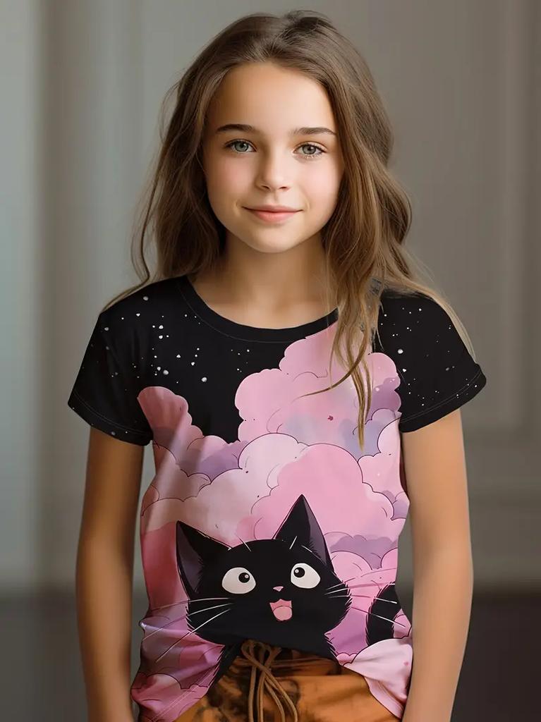 Kinderkleidung Kinder T-Shirt Mädchen Kurzarm Top Cartoon Katze Kawaii Mädchen Sommerkleidung Kinder T-Shirt Kinderkleidung