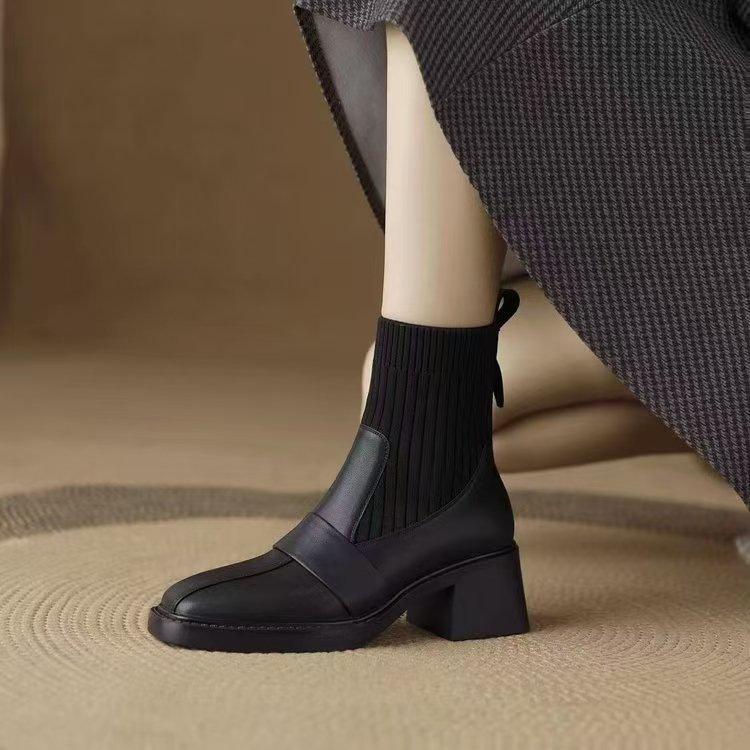 New Knitted Tube Thick Heel Short Boots Women's 2025 Autumn and Winter French High Heel Thin Boots Brown Martin Boots Elastic Socks Boots