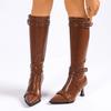 Fashion Stiletto High Heels Women Knee High Boots Sexy Point Toe Night Club Party Shoes Woman Rivet Buckle PU Leather Long Boots