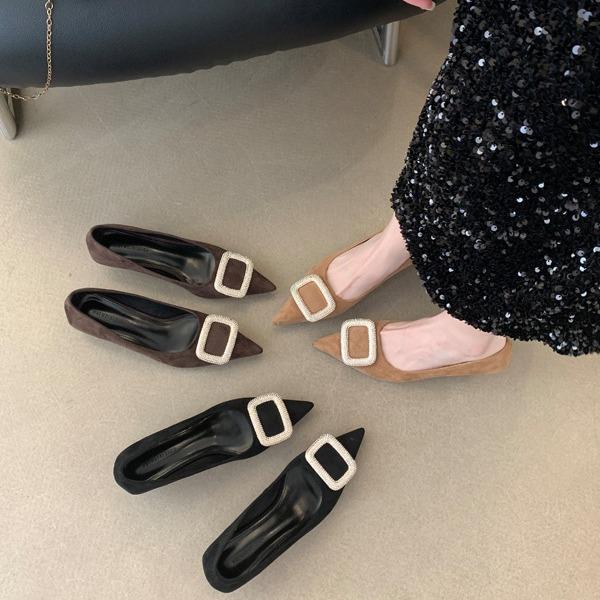 Square Buckle Rhinestone Pointed High Heels Spring and Autumn High-end Sense Elegant Suede Thin Heel Light Mouth Single Shoes Professional Women's