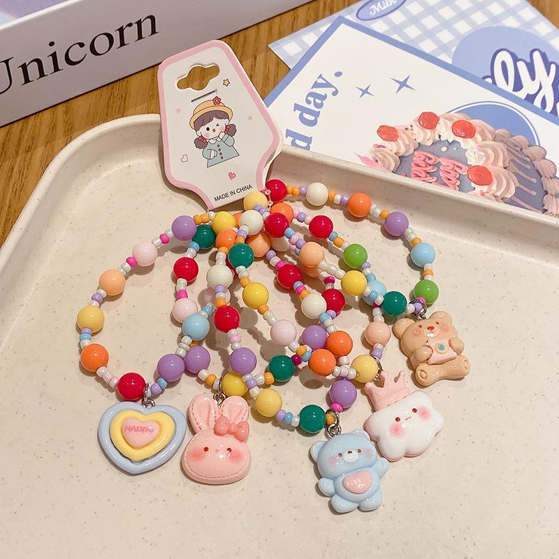 5-Piece Cute Resin Graffiti Beaded Bracelet Set for Little Girls - Cartoon Princess Design