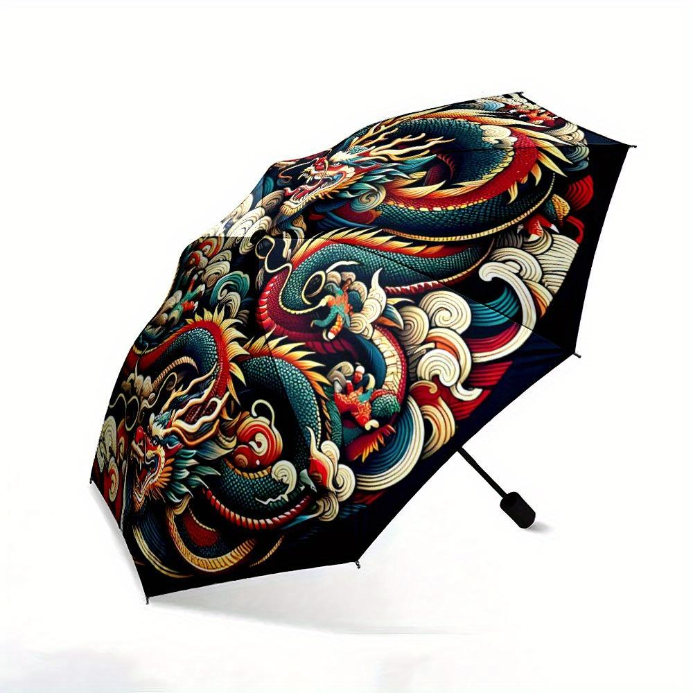 Automatic Open/Close Folding Umbrella with 3 Dragons & Swirling Clouds Design - Vibrant Colors, Compact Travel Umbrella for Ba